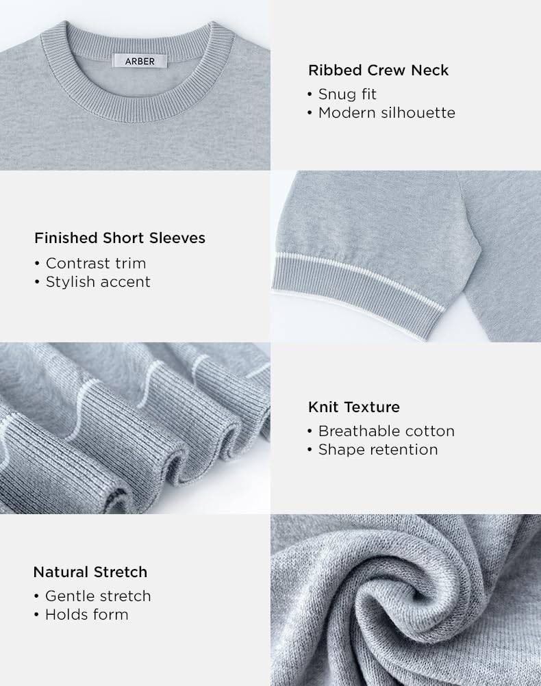 Arber Men's Contrast Trim Crew Neck Knit T-Shirt 100% Cotton, Soft Slim Fit Short Sleeve Tee, Black & Grey