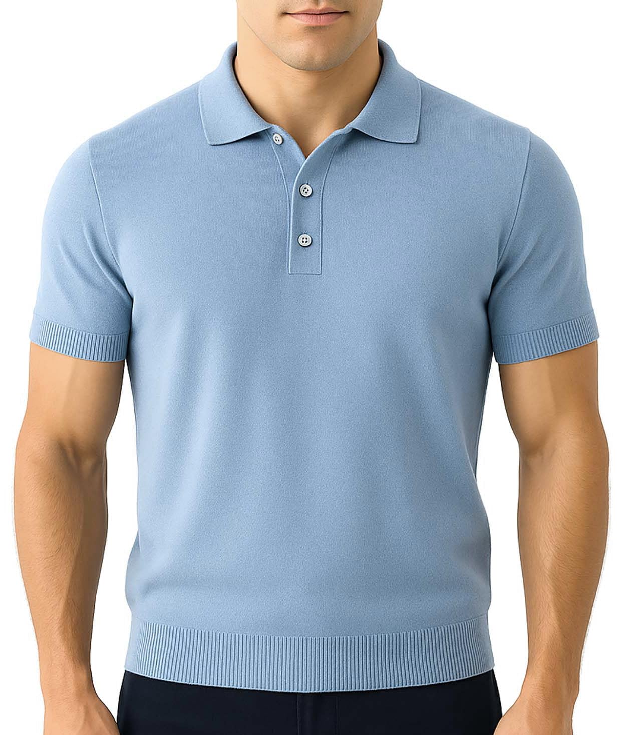 Men's Classic-Fit 100% Cotton Polo, Breathable Lightweight Soft Short-Sleeve Knit Shirt in Beige, Light Blue.