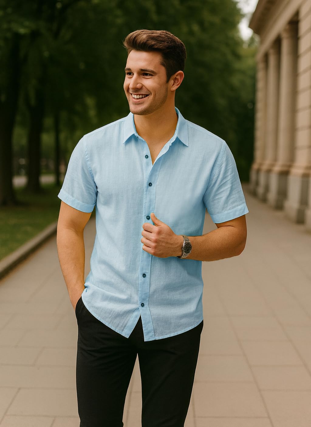 Arber Men's 100% Cotton Short Sleeve Button-Down Shirt, Lightweight & Breathable Casual, S-XXL, Blue/Navy/Yellow