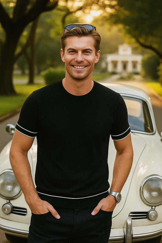 Arber Men's Contrast Trim Crew Neck Knit T-Shirt 100% Cotton, Soft Slim Fit Short Sleeve Tee, Black & Grey