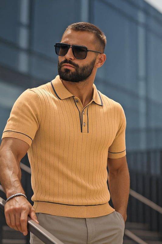 Men's Classic-Fit 100% Cotton Polo, Breathable Lightweight Soft Short-Sleeve Knit Shirt in Beige, Light Blue.