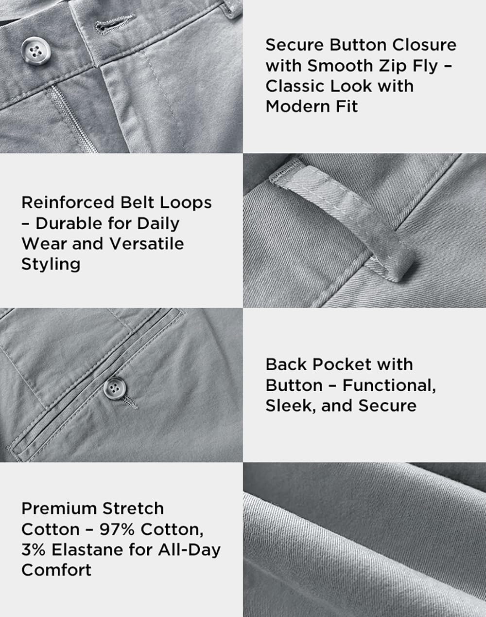 Arber Men's Slim-Fit Stretch Chinos, 97% Cotton/3% Elastane, Flat Front, Breathable, Machine Washable; Gray, Blue, Beige.