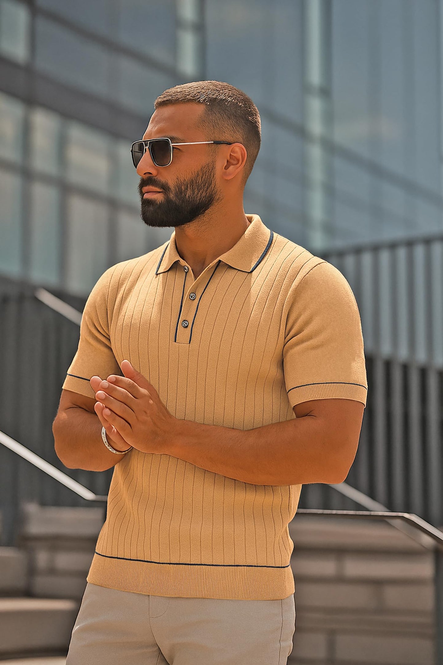 Men's Classic-Fit 100% Cotton Polo, Breathable Lightweight Soft Short-Sleeve Knit Shirt in Beige, Light Blue.