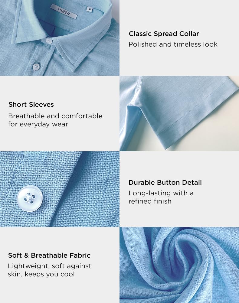 Arber Men's 100% Cotton Short Sleeve Button-Down Shirt, Lightweight & Breathable Casual, S-XXL, Blue/Navy/Yellow