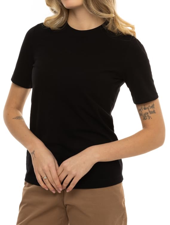 Arber Women’s Slim Fit Crew Neck T-Shirt – 95% Cotton 5% Elastane, Breathable Stretch Basic Short Sleeve Tee, Black & White