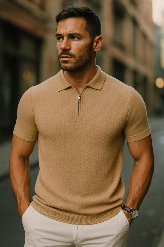 Arber Men's Textured Knit 100% Cotton Zip Collar Polo Shirt, Breathable Lightweight Short Sleeve Casual Tee