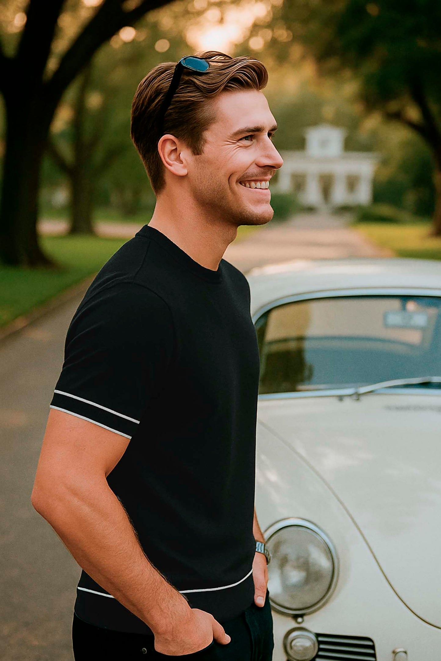 Arber Men's Contrast Trim Crew Neck Knit T-Shirt 100% Cotton, Soft Slim Fit Short Sleeve Tee, Black & Grey