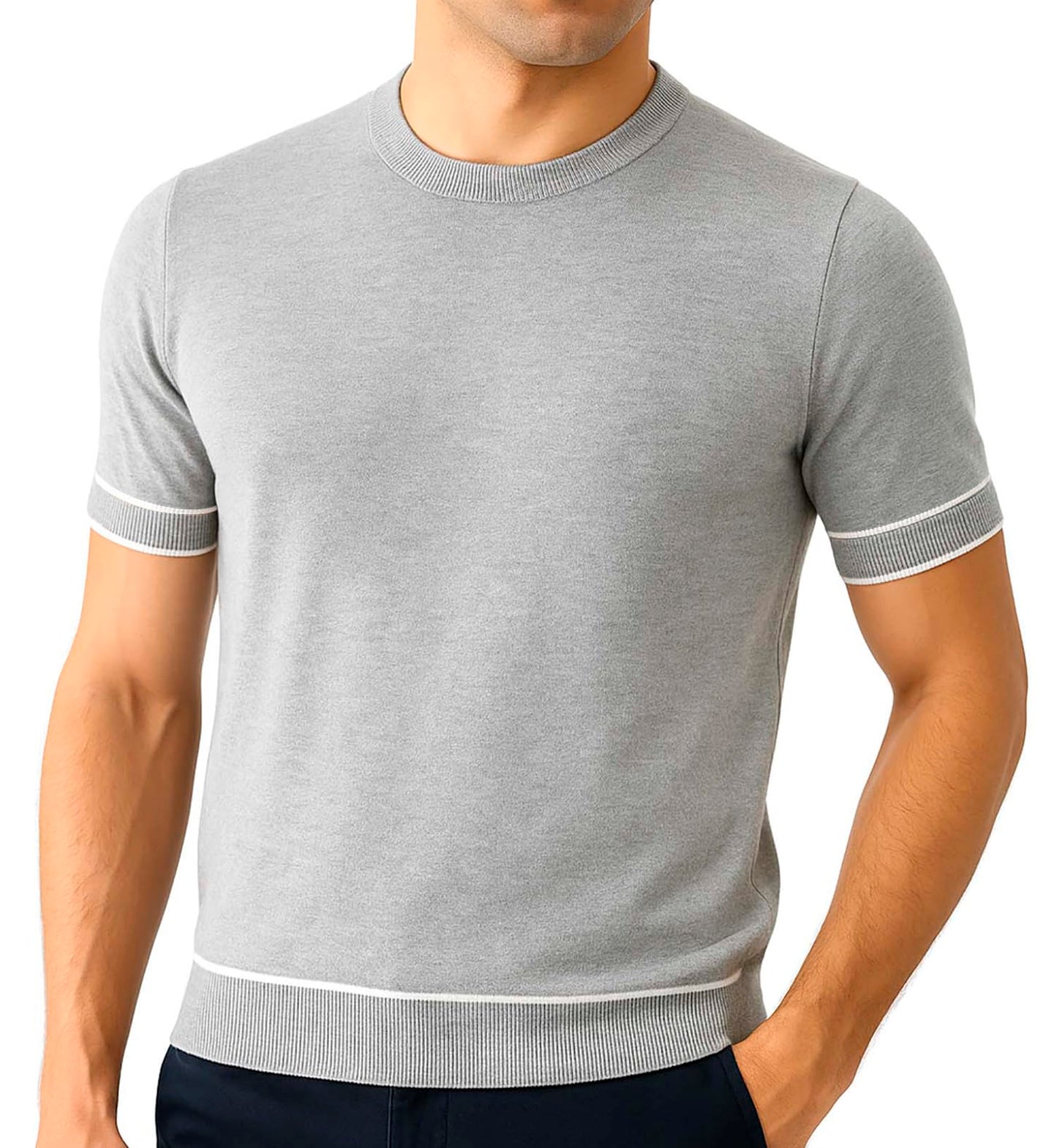 Arber Men's Contrast Trim Crew Neck Knit T-Shirt 100% Cotton, Soft Slim Fit Short Sleeve Tee, Black & Grey
