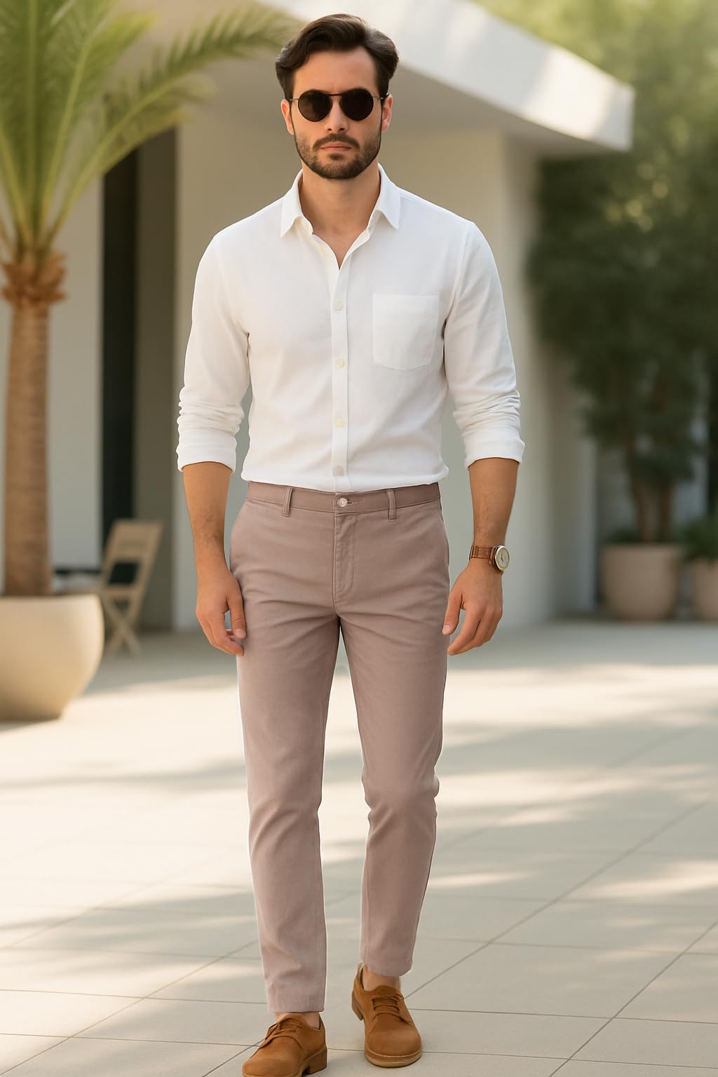 Arber Men's Stretch Chinos, 97% Cotton/3% Elastane, Flat Front, Breathable, Machine Washable; White, Navy or Beige.