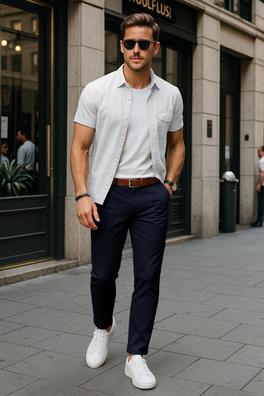 Arber Men's Stretch Chinos, 97% Cotton/3% Elastane, Flat Front, Breathable, Machine Washable; White, Navy or Beige.