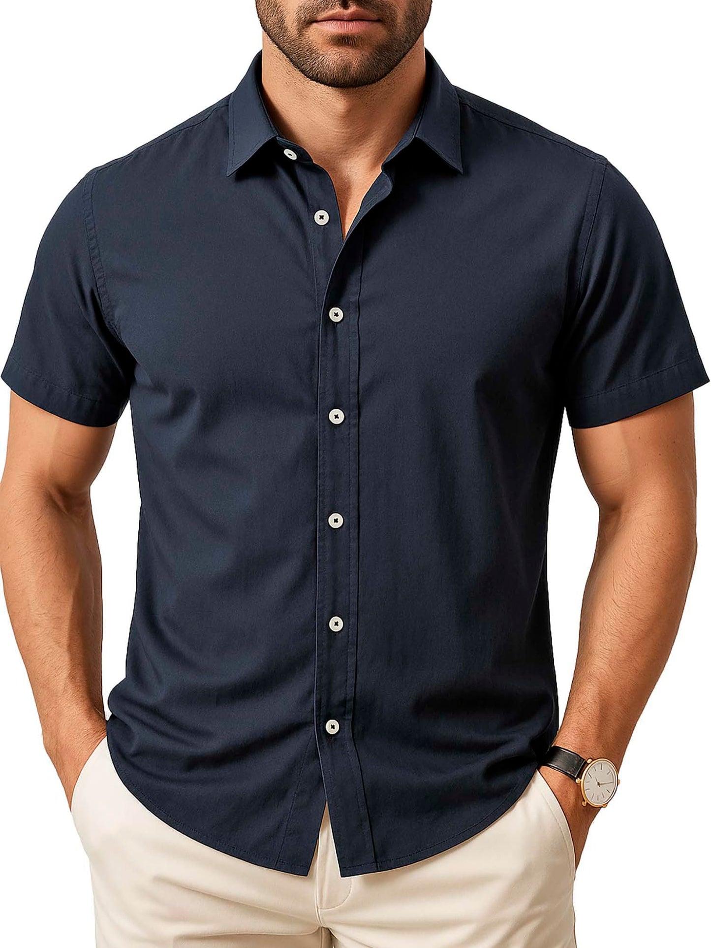 Arber Men's 100% Cotton Short Sleeve Button-Down Shirt, Lightweight & Breathable Casual, S-XXL, Blue/Navy/Yellow