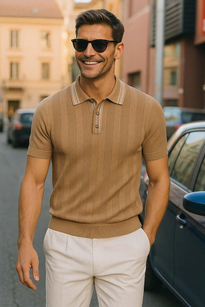 Arber Men's Textured Knit 100% Cotton Polo, Breathable Lightweight Short Sleeve Button Collar; Beige, Black, Blue, Navy