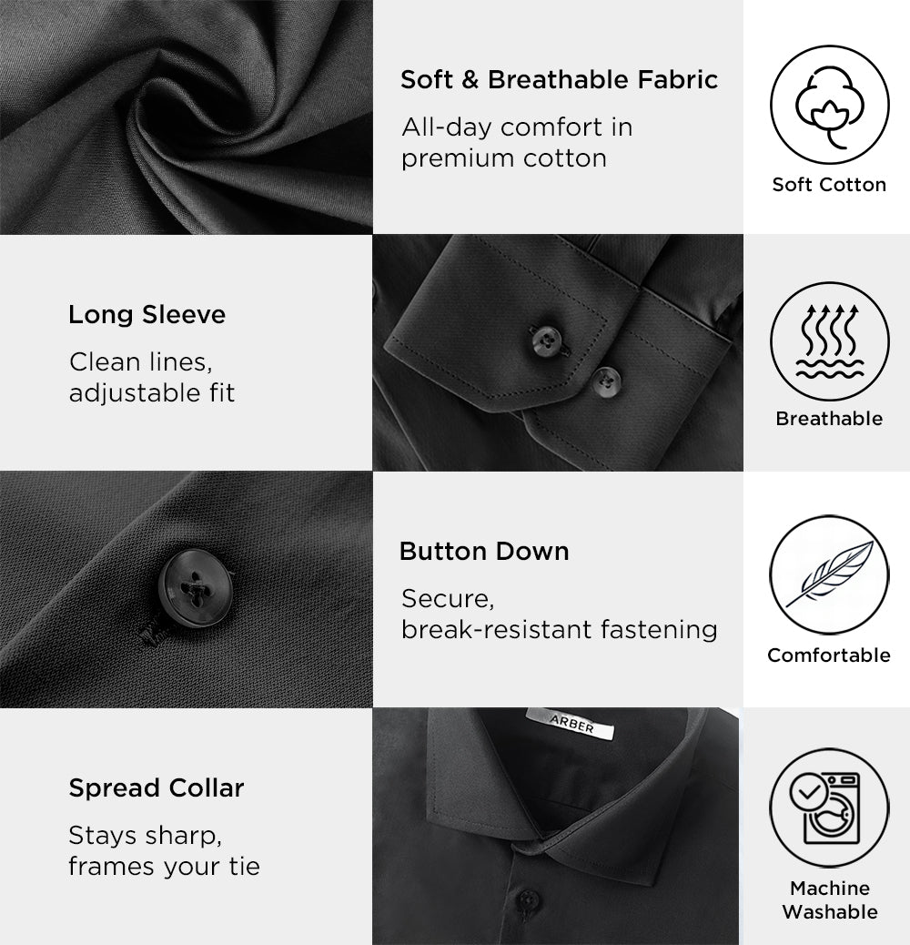 Arber Men's Cotton Dress Shirt – Long Sleeve Button-Down Collar Business Formal Office Shirt for Work or Events