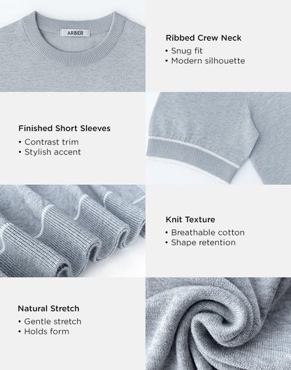 Arber Men's Contrast Trim Crew Neck Knit T-Shirt 100% Cotton, Soft Slim Fit Short Sleeve Tee, Black & Grey