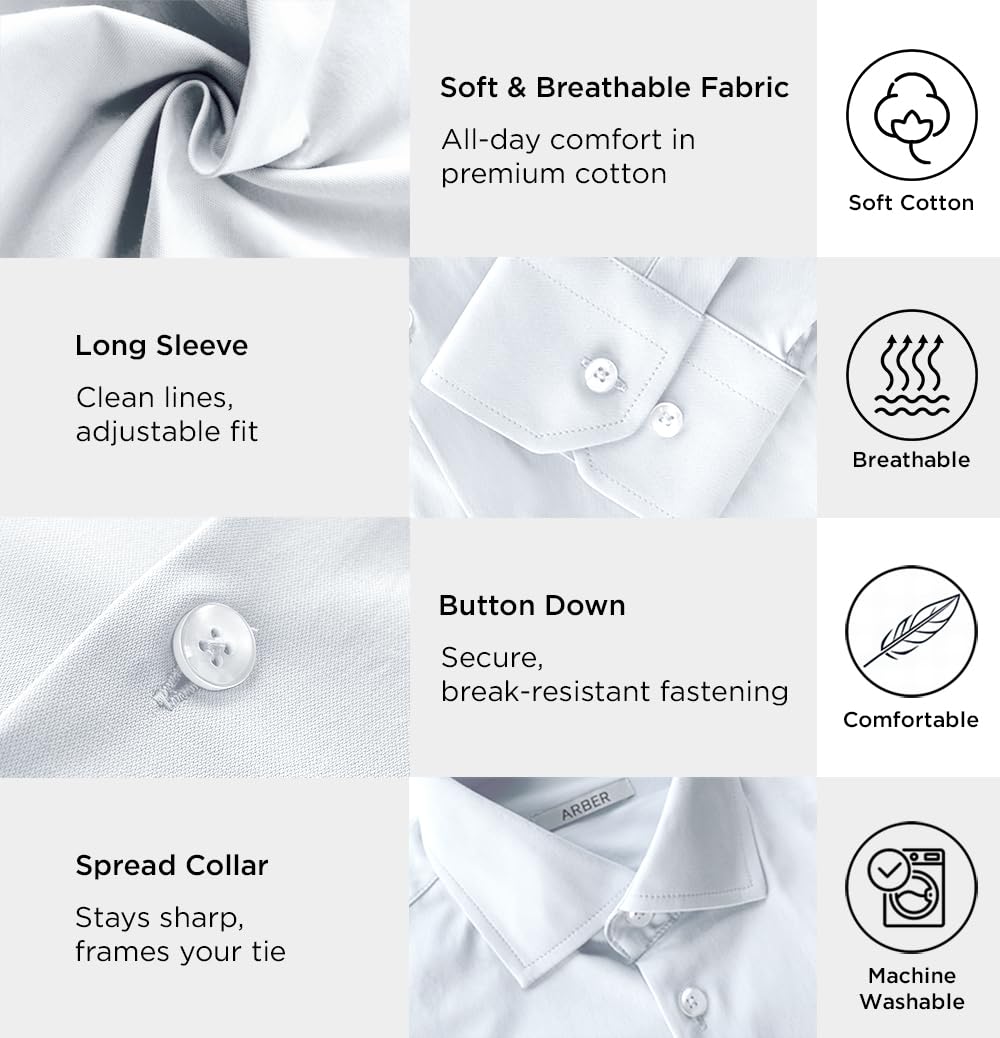 Arber Men's Cotton Dress Shirt – Long Sleeve Button-Down Collar Business Formal Office Shirt for Work or Events