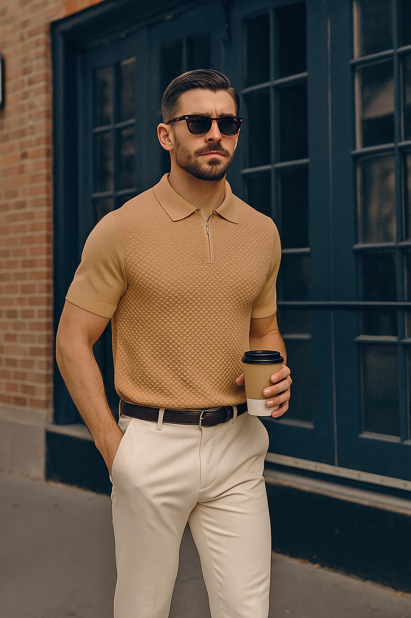 Arber Men's Textured Knit 100% Cotton Zip Collar Polo Shirt, Breathable Lightweight Short Sleeve Casual Tee