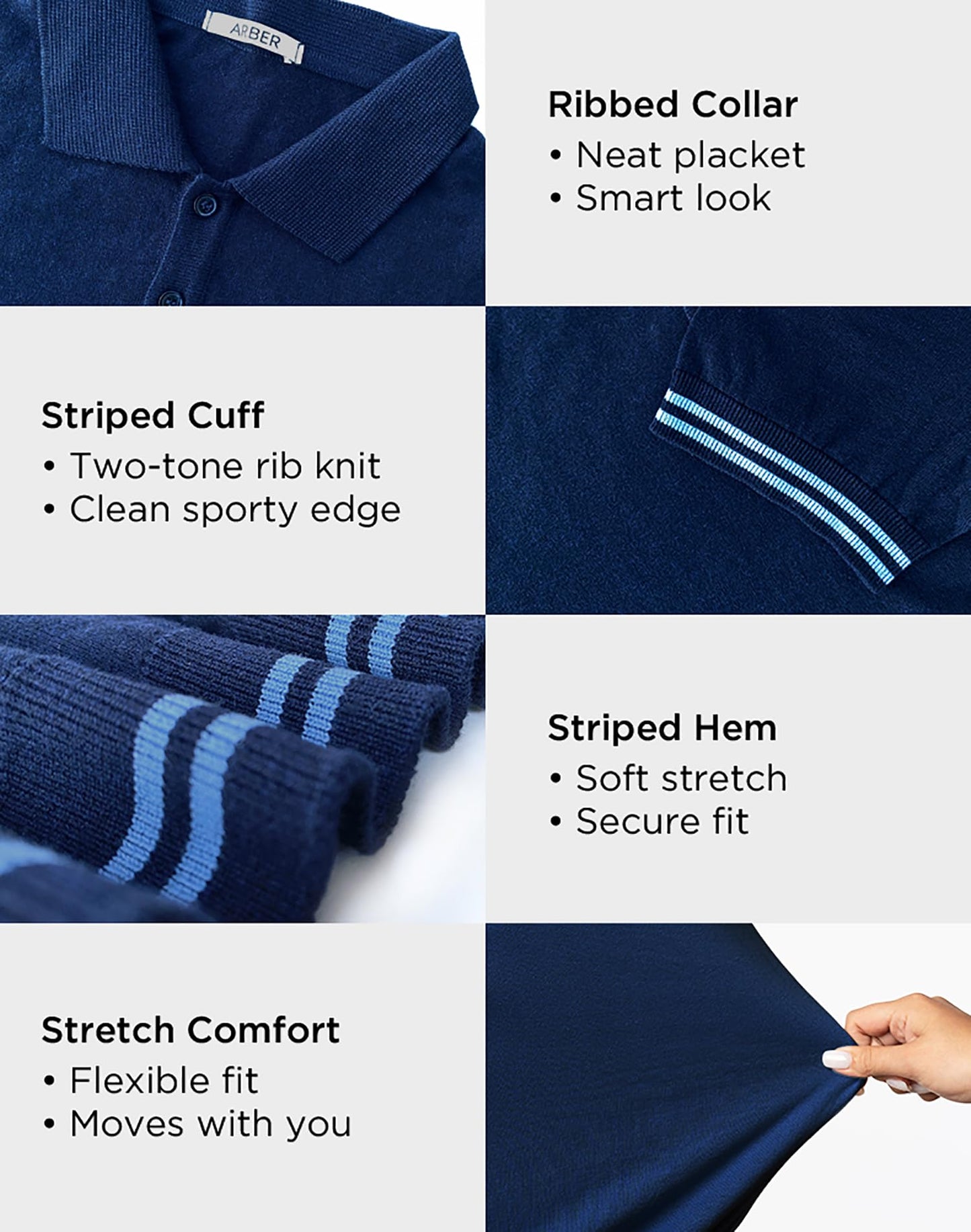 Arber Men's Textured Knit 100% Cotton Polo Shirt, Breathable Lightweight Short Sleeve Contrast Stripe Trim