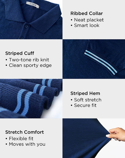 Arber Men's Textured Knit 100% Cotton Polo Shirt, Breathable Lightweight Short Sleeve Contrast Stripe Trim