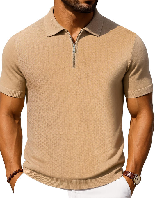 Arber Men's Textured Knit 100% Cotton Zip Collar Polo Shirt, Breathable Lightweight Short Sleeve Casual Tee