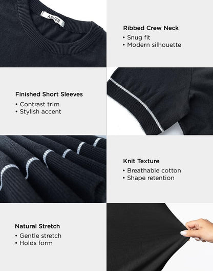 Arber Men's Contrast Trim Crew Neck Knit T-Shirt 100% Cotton, Soft Slim Fit Short Sleeve Tee, Black & Grey