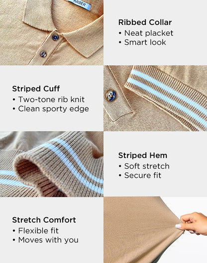 Arber Men's Textured Knit 100% Cotton Polo Shirt, Breathable Lightweight Short Sleeve Contrast Stripe Trim
