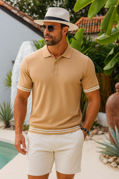 Arber Men's Textured Knit 100% Cotton Polo Shirt, Breathable Lightweight Short Sleeve Contrast Stripe Trim