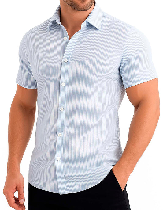 Arber Men's Slim-Fit 100% Cotton Short-Sleeve Shirt, Lightweight Breathable Button-Down; Blue or Dark Blue.