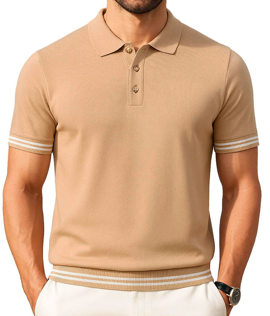 Arber Men's Textured Knit 100% Cotton Polo Shirt, Breathable Lightweight Short Sleeve Contrast Stripe Trim