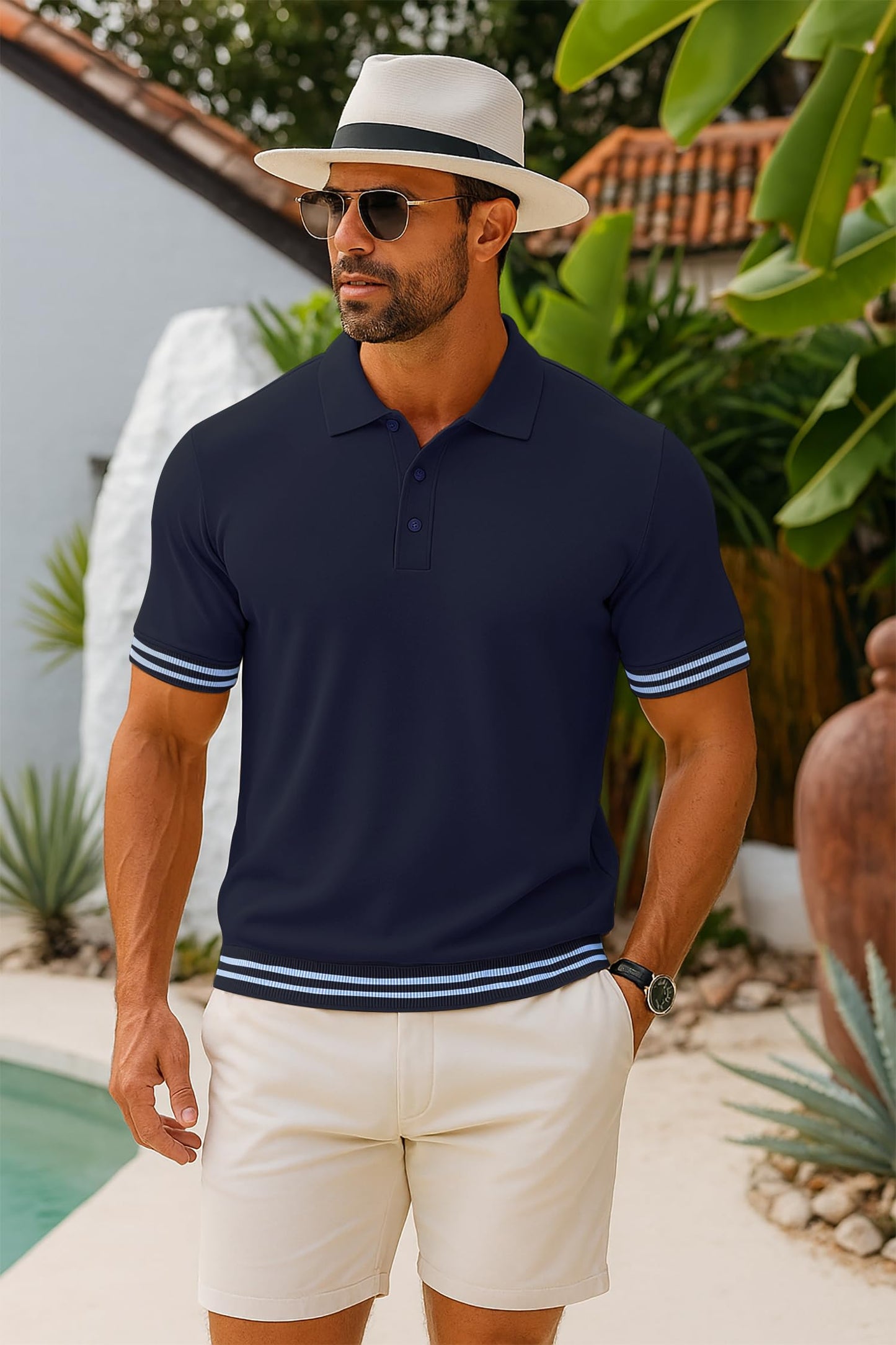 Arber Men's Textured Knit 100% Cotton Polo Shirt, Breathable Lightweight Short Sleeve Contrast Stripe Trim