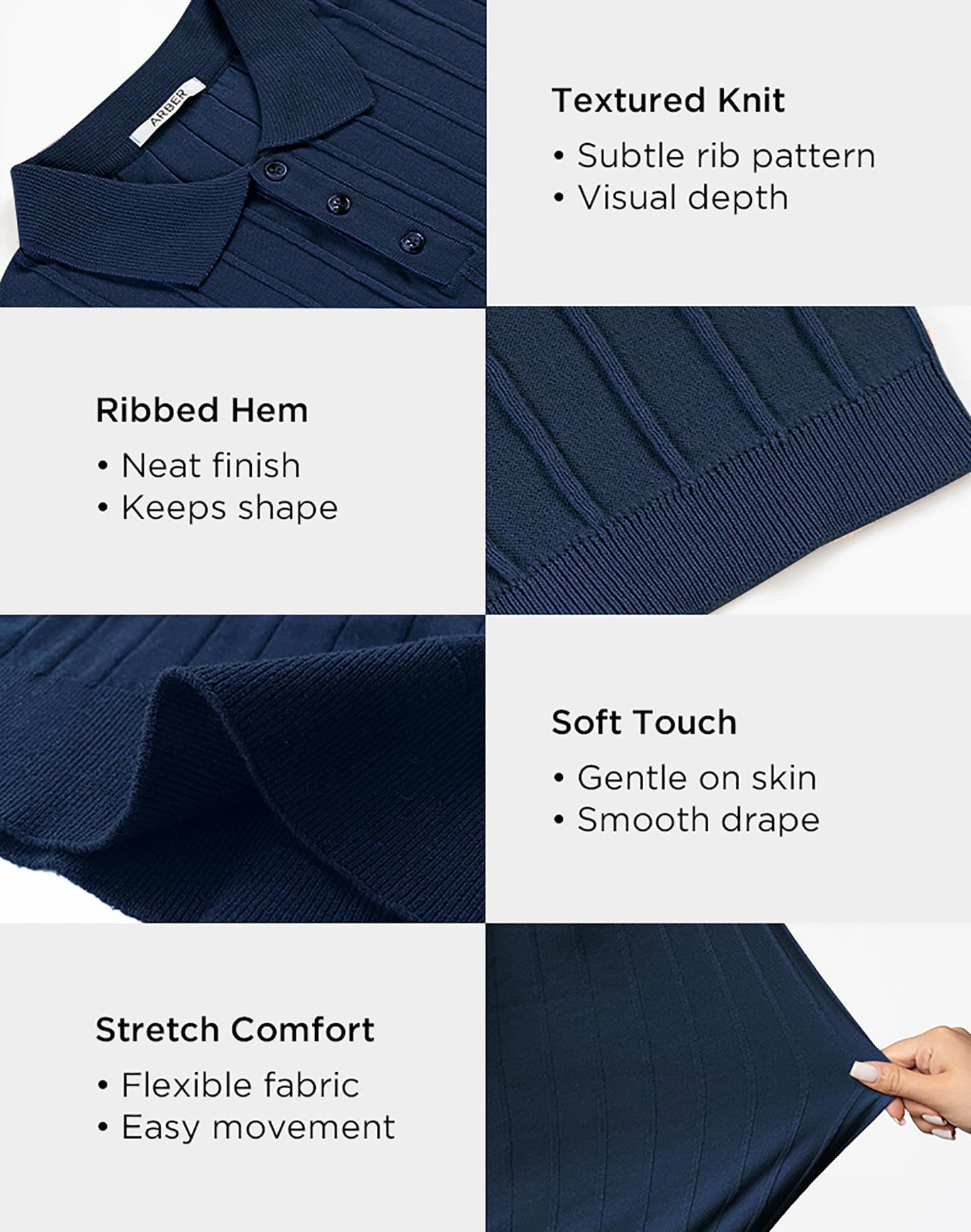 Arber Men's Textured Knit 100% Cotton Polo Shirt, Breathable Lightweight Summer Short Sleeve Tee