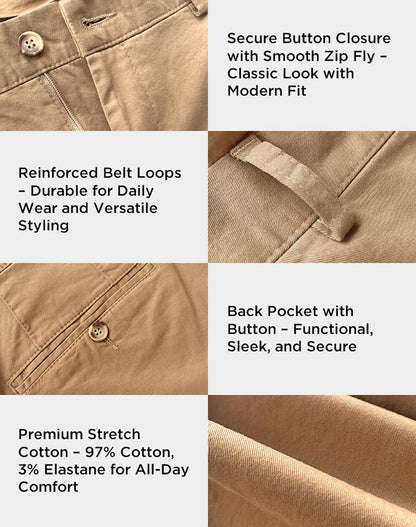 Arber Men's Slim-Fit Stretch Chinos, 97% Cotton/3% Elastane, Flat Front, Breathable, Machine Washable; Gray, Blue, Beige.