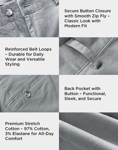 Arber Men's Slim-Fit Stretch Chinos, 97% Cotton/3% Elastane, Flat Front, Breathable, Machine Washable; Gray, Blue, Beige.