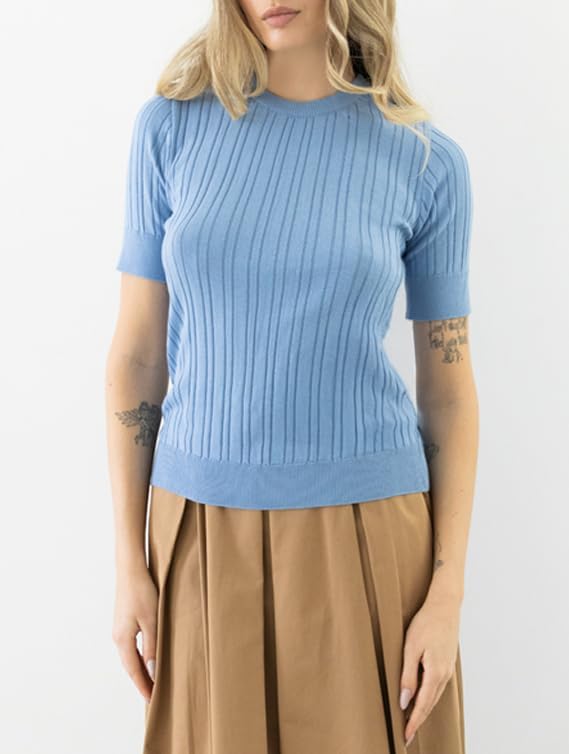 Arber Women’s 100% Cotton Ribbed Knit Short-Sleeve Sweater Top – Lightweight Crewneck Pullover for Spring & Work