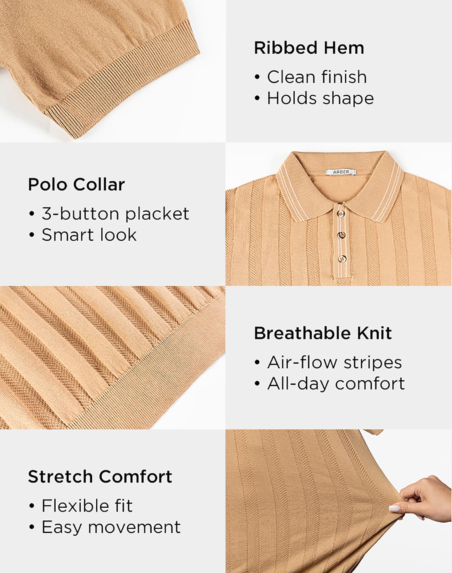 Arber Men's Textured Knit 100% Cotton Polo, Breathable Lightweight Short Sleeve Button Collar; Beige, Black, Blue, Navy