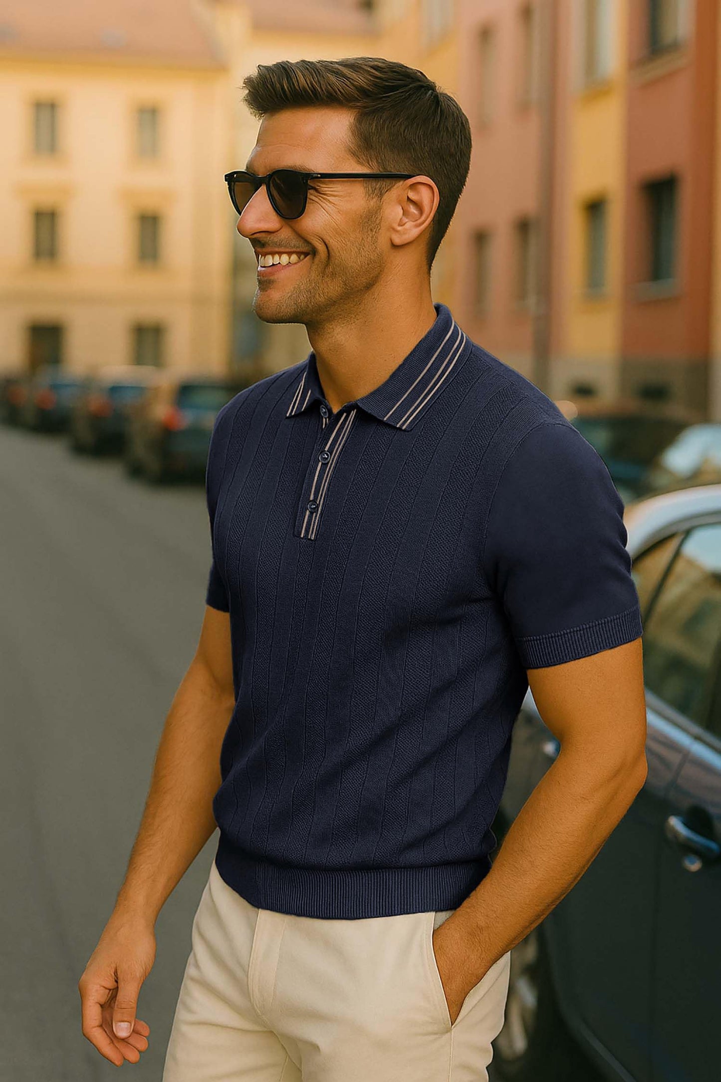 Arber Men's Textured Knit 100% Cotton Polo, Breathable Lightweight Short Sleeve Button Collar; Beige, Black, Blue, Navy