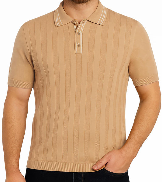 Arber Men's Textured Knit 100% Cotton Polo, Breathable Lightweight Short Sleeve Button Collar; Beige, Black, Blue, Navy