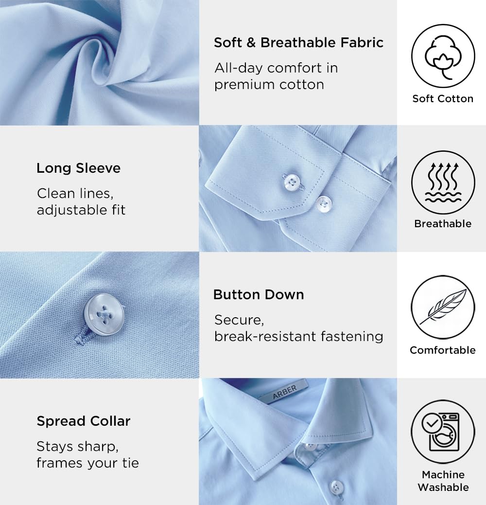 Arber Men's Cotton Dress Shirt – Long Sleeve Button-Down Collar Business Formal Office Shirt for Work or Events