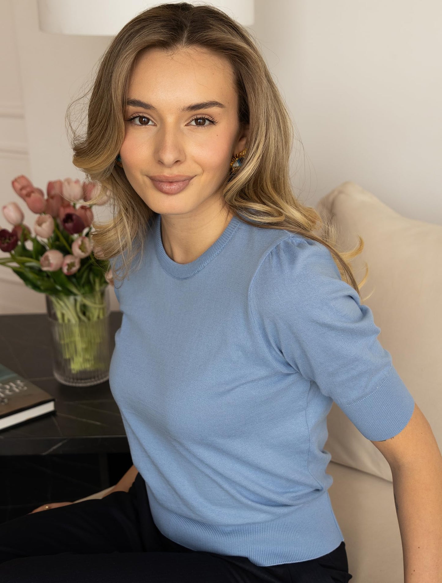 Arber Women’s 100% Cotton Short-Sleeve Crewneck Sweater – Lightweight Ribbed-Hem Pullover Knit Top for Work & Casual