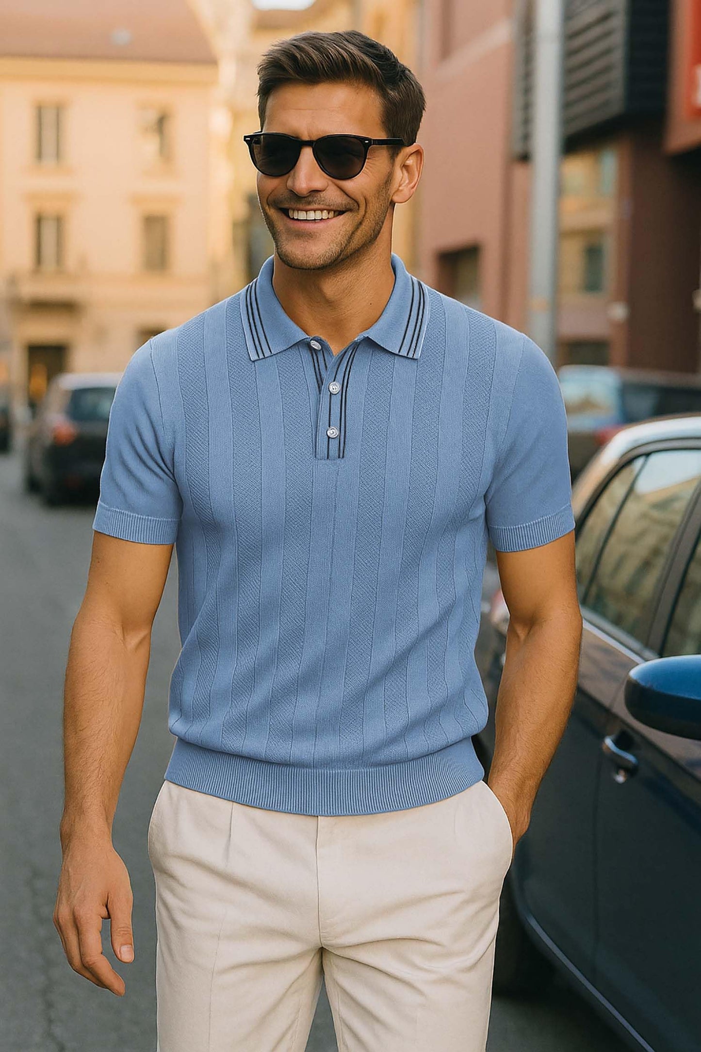 Arber Men's Textured Knit 100% Cotton Polo, Breathable Lightweight Short Sleeve Button Collar; Beige, Black, Blue, Navy