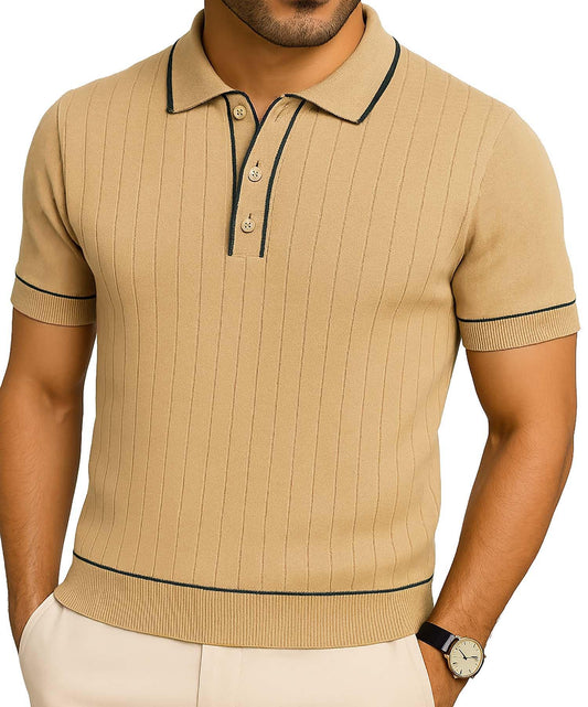 Men's Classic-Fit 100% Cotton Polo, Breathable Lightweight Soft Short-Sleeve Knit Shirt in Beige, Light Blue.