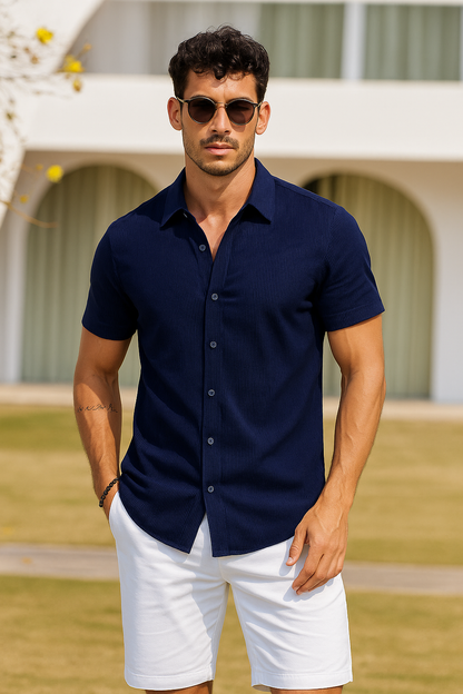 Arber Men's Slim-Fit 100% Cotton Short-Sleeve Shirt, Lightweight Breathable Button-Down; Blue or Dark Blue.