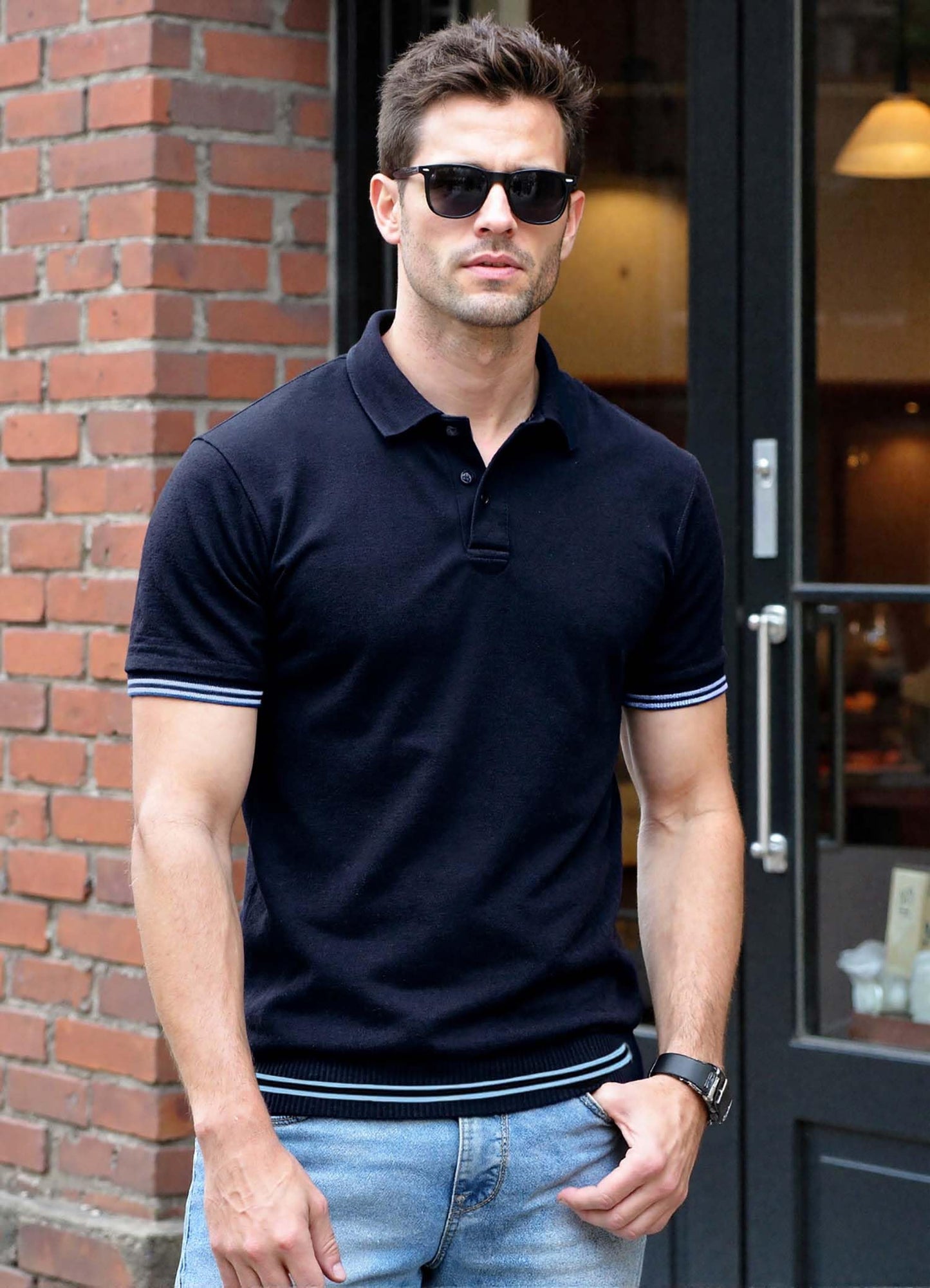 Arber Men's Textured Knit 100% Cotton Polo Shirt, Breathable Lightweight Short Sleeve Contrast Stripe Trim