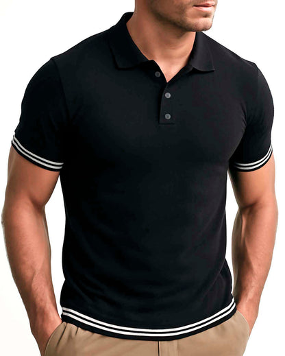 Arber Men's Textured Knit 100% Cotton Polo Shirt, Breathable Lightweight Short Sleeve Contrast Stripe Trim