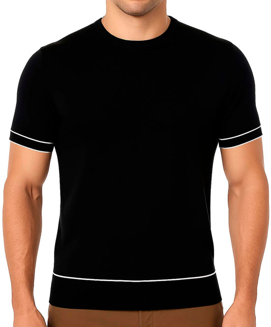 Arber Men's Contrast Trim Crew Neck Knit T-Shirt 100% Cotton, Soft Slim Fit Short Sleeve Tee, Black & Grey