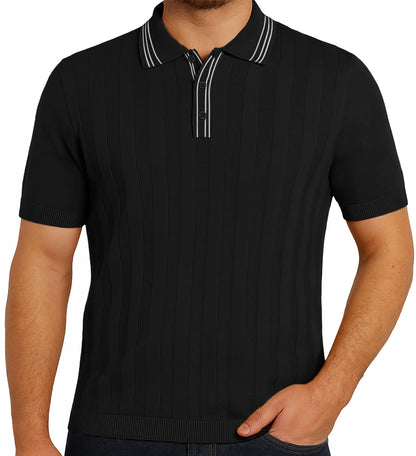 Arber Men's Textured Knit 100% Cotton Polo, Breathable Lightweight Short Sleeve Button Collar; Beige, Black, Blue, Navy
