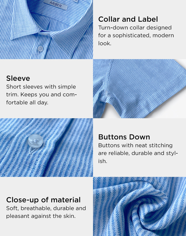 Arber Men's Slim-Fit 100% Cotton Short-Sleeve Shirt, Lightweight Breathable Button-Down; Blue or Dark Blue.
