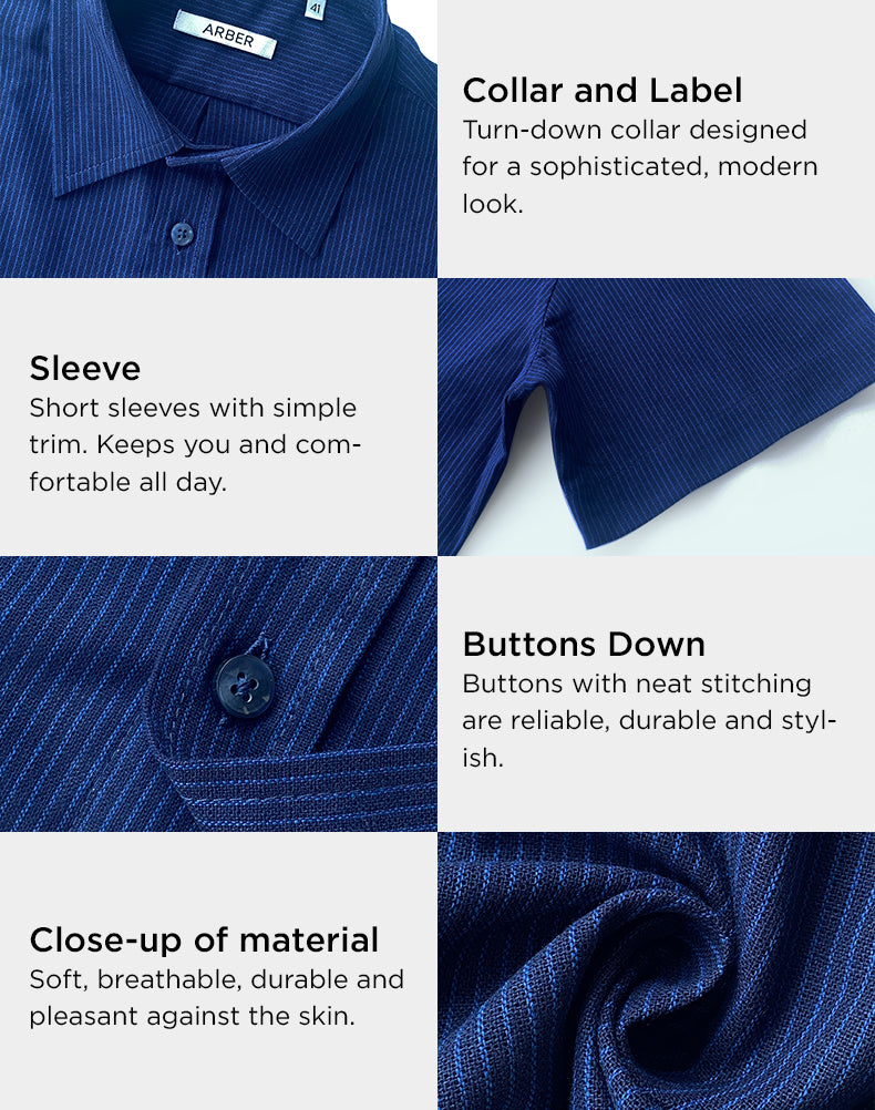 Arber Men's Slim-Fit 100% Cotton Short-Sleeve Shirt, Lightweight Breathable Button-Down; Blue or Dark Blue.