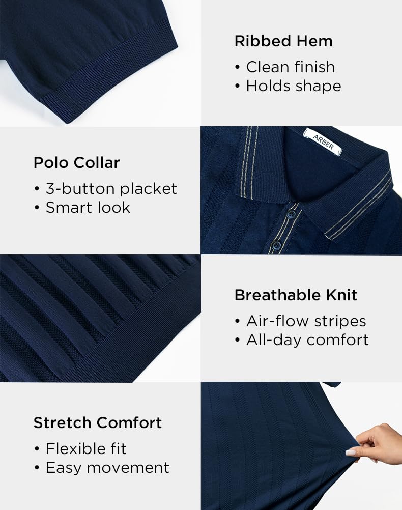 Arber Men's Textured Knit 100% Cotton Polo, Breathable Lightweight Short Sleeve Button Collar; Beige, Black, Blue, Navy