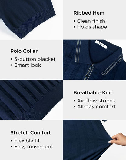 Arber Men's Textured Knit 100% Cotton Polo, Breathable Lightweight Short Sleeve Button Collar; Beige, Black, Blue, Navy