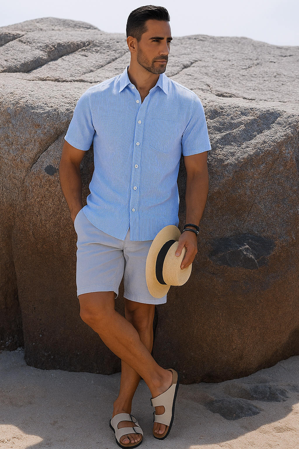 Arber Men's Slim-Fit 100% Cotton Short-Sleeve Shirt, Lightweight Breathable Button-Down; Blue or Dark Blue.